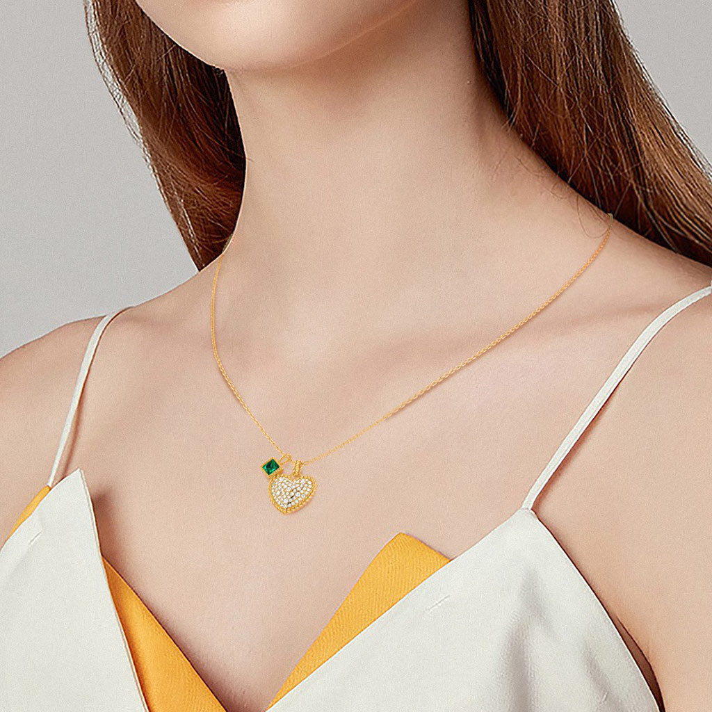 Gnoce Paved Heart & Emerald Princess Gemstone Twisted Rope Pendants Necklace_5