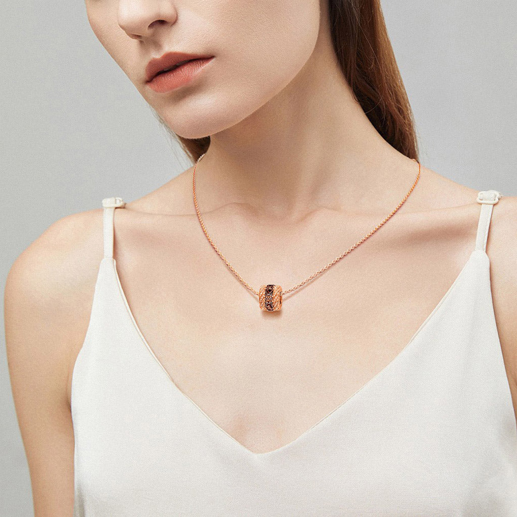 Gnoce Classic Brown Gems Paved Drum Pendant Necklace_4