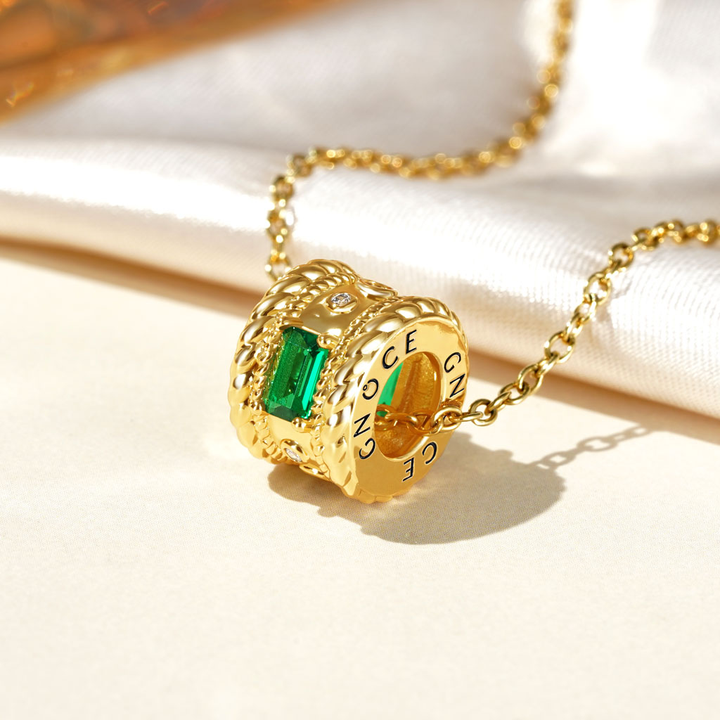 Gnoce Gorgeous Yellow Gold Tone Radiant Cut Emerald Drum Pendant Necklace_3