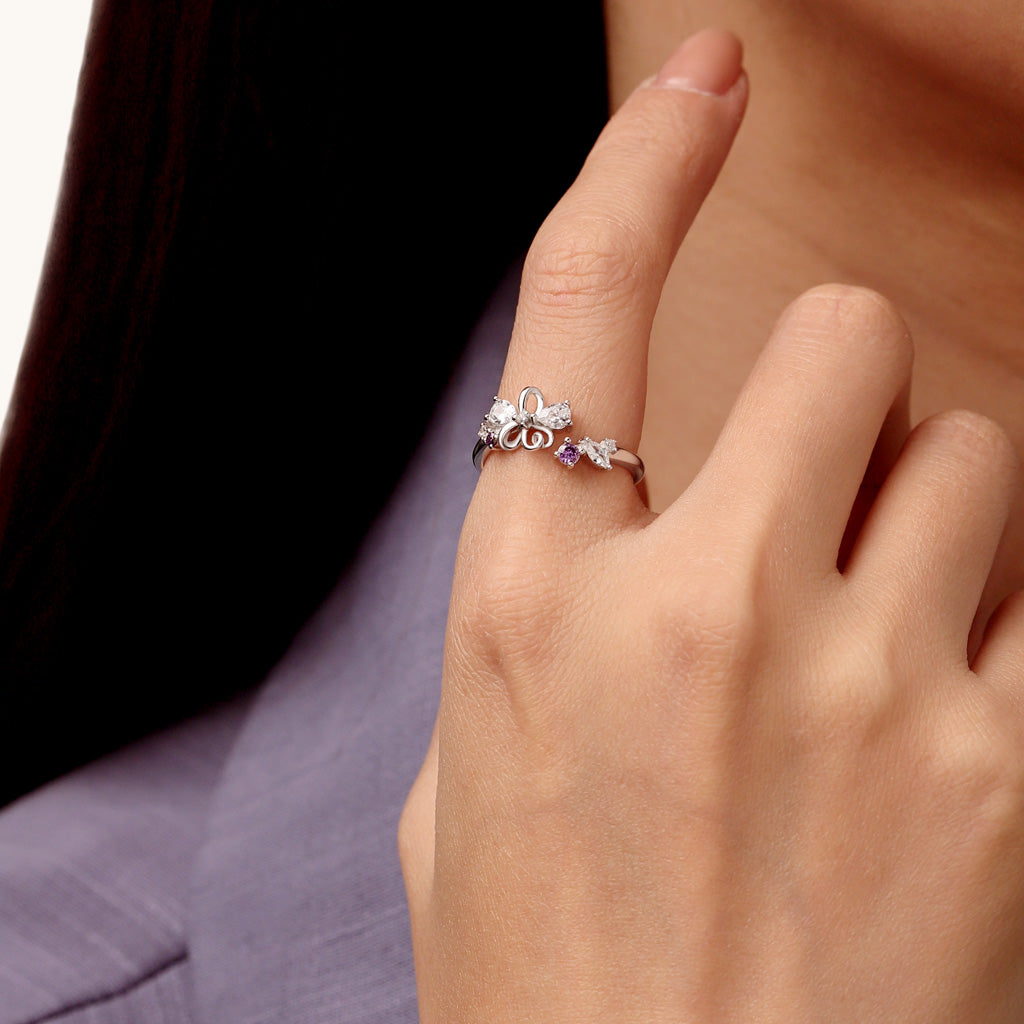 Gnoce White Purple Zircon Inlaid Flower Open Ring_4