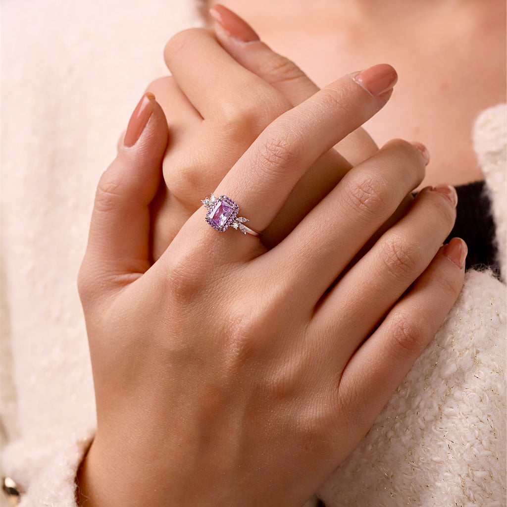 Gnoce Square-Cut Amethyst Diamond Leaf Ring_4