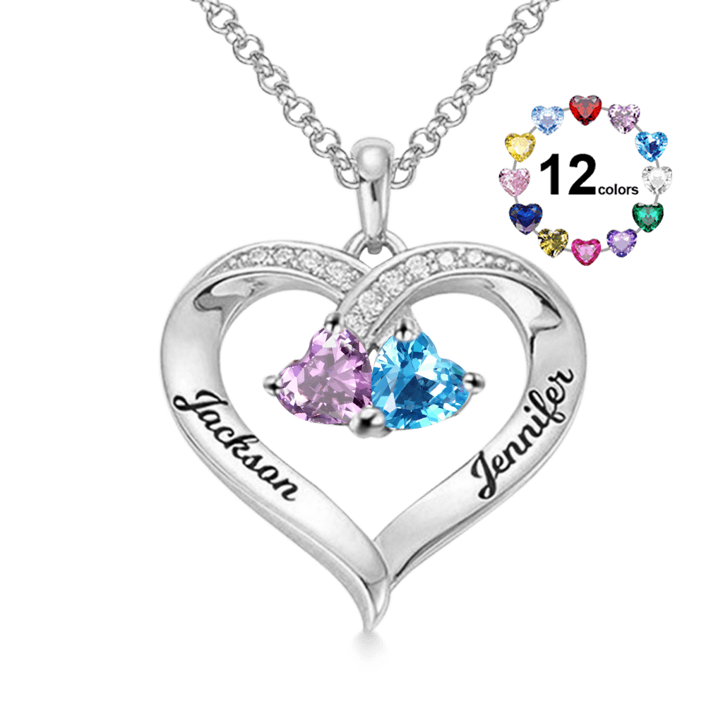 Gnoce Simple Heart Necklace with 2 Birthstones_1