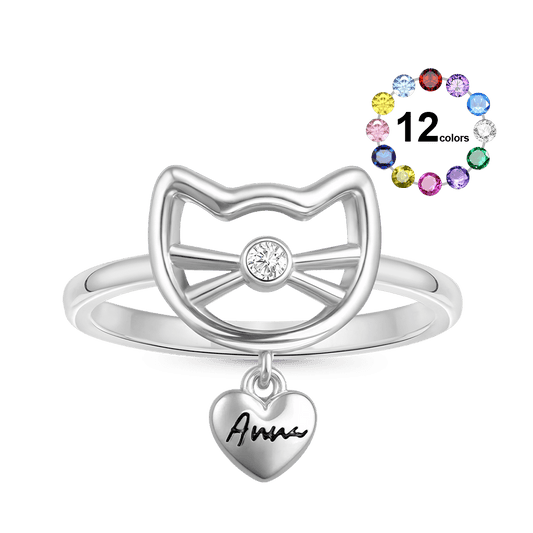 Gnoce Personalized Engravable Birthstone Cute Cat Ring_1