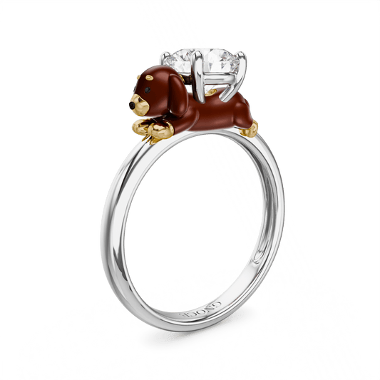Gnoce Dachshund Dog Embraces Moissanite Round Cut Ring_1