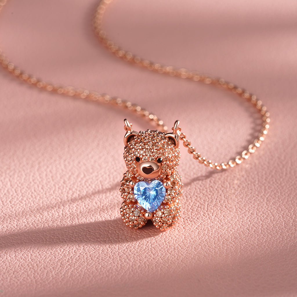 Gnoce Cute Bear Embraces Heart Birthstone Necklace_4
