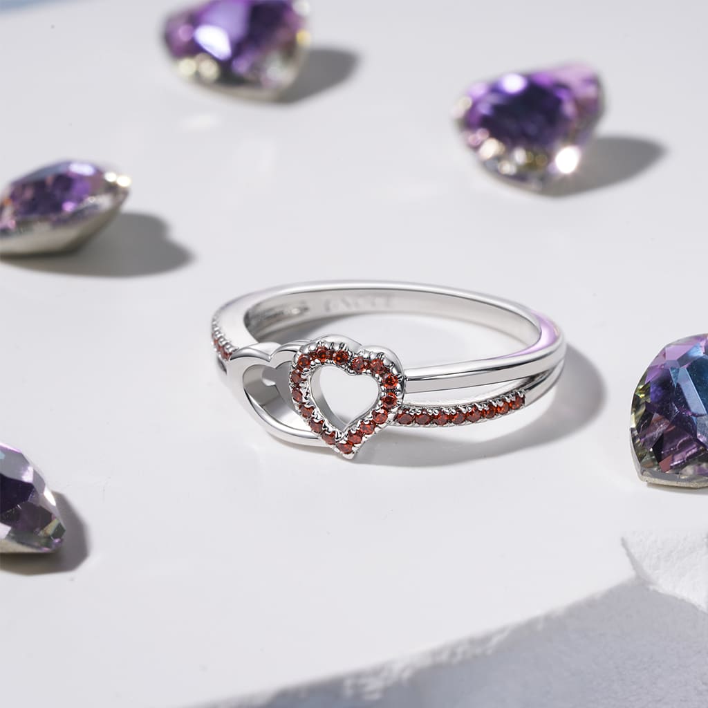 Gnoce Two Hearts Connect CZ Birthstone Band Ring_5