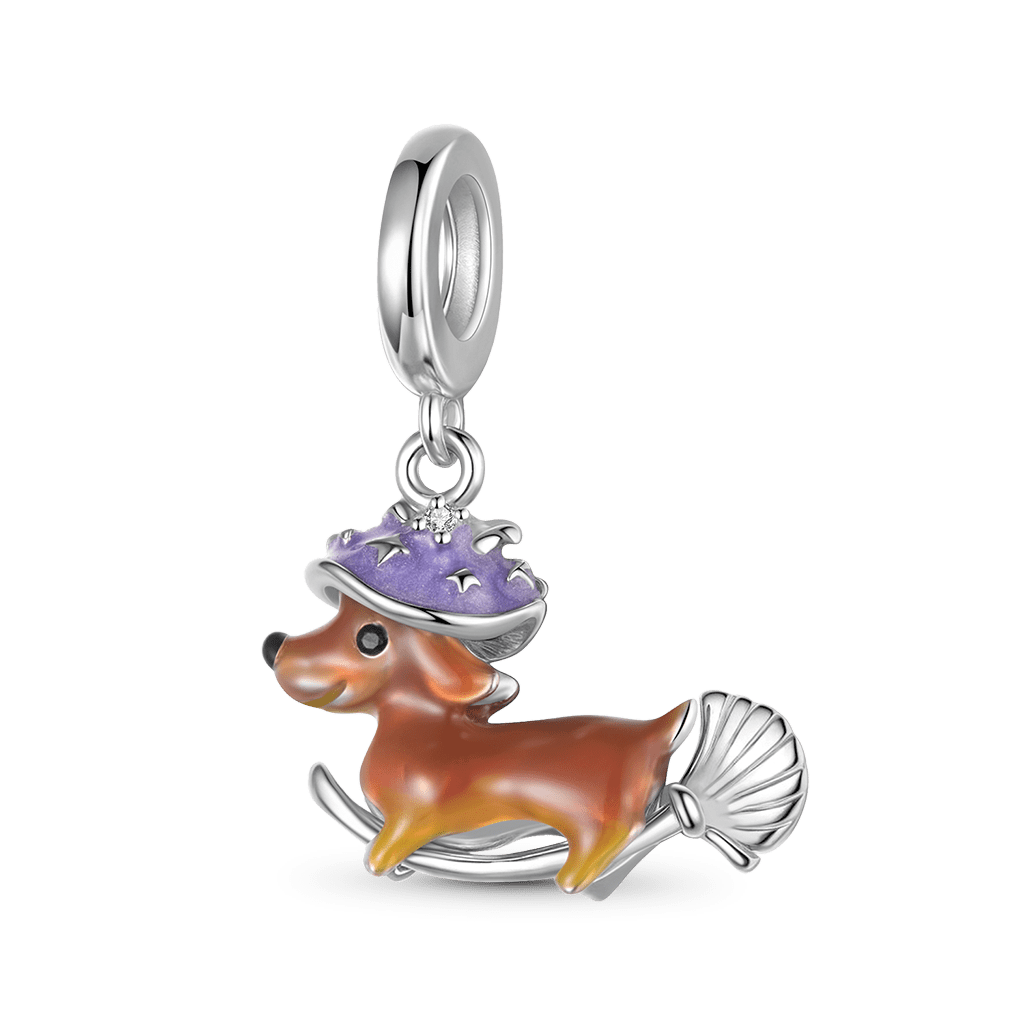 Gnoce Halloween Magic Dachshund Riding Broom Pendant Dangle Charm_1