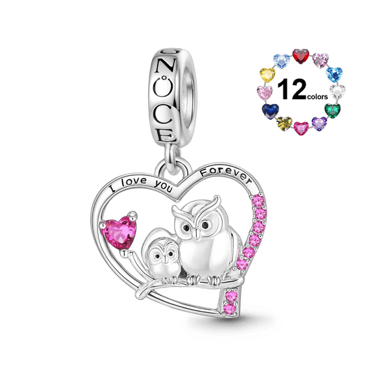 Gnoce 'I LOVE YOU FOREVER' Owl & Its Baby Heart Birthstones Pendant Dangle Charm_1