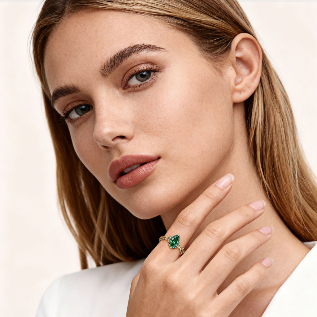 Gnoce Botanical Branch Pear-Cut Moissanite Ring_3