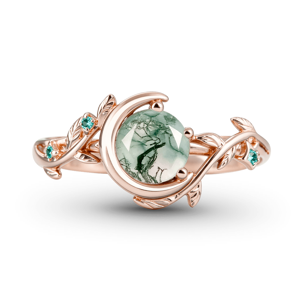Gnoce Romantic Vine Crescent Moon Moss Agate Engagement Ring_1