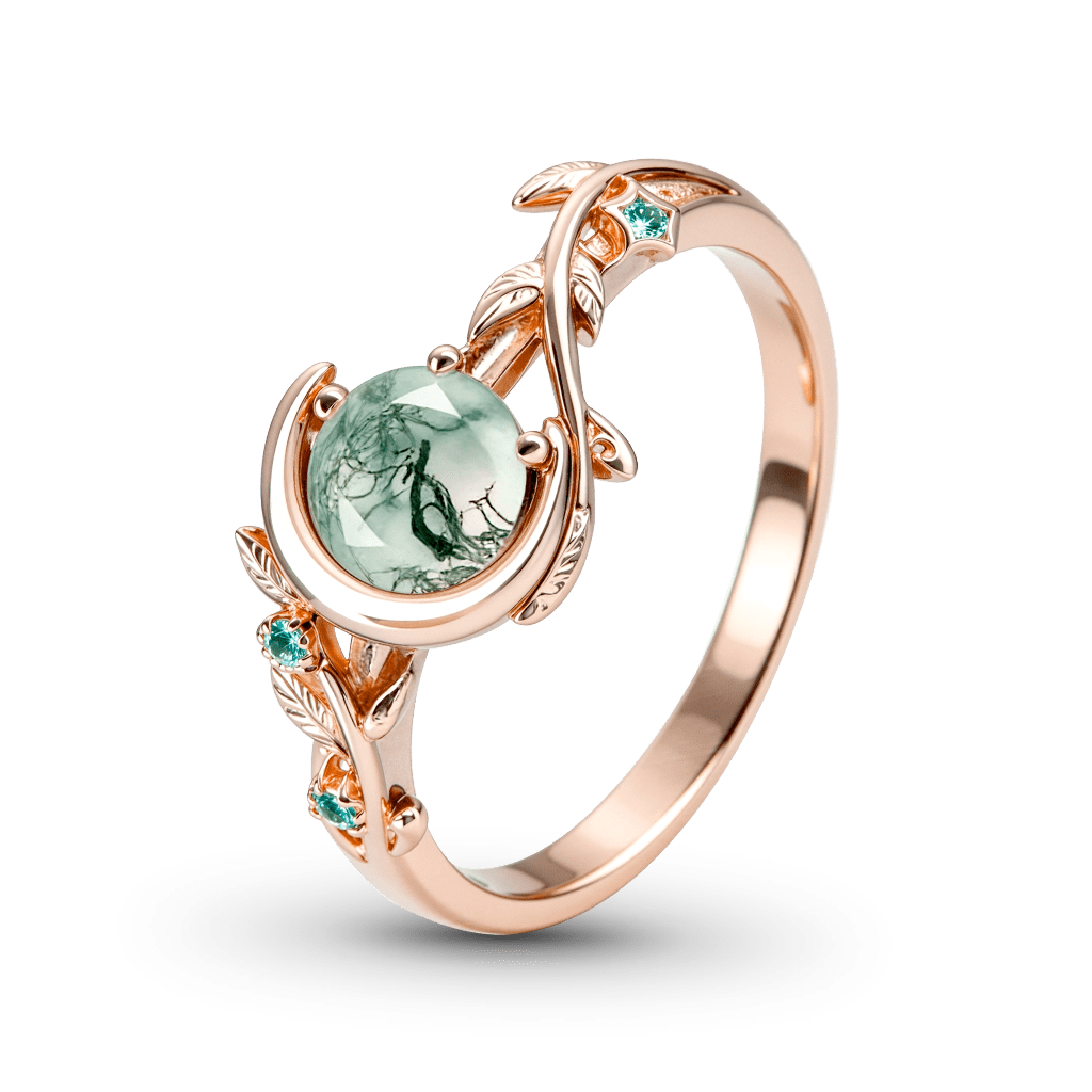 Gnoce Romantic Vine Crescent Moon Moss Agate Engagement Ring_4