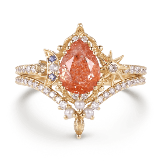 Gnoce Vintage Pear-Cut Sun Moon Engagement Ring Set_1