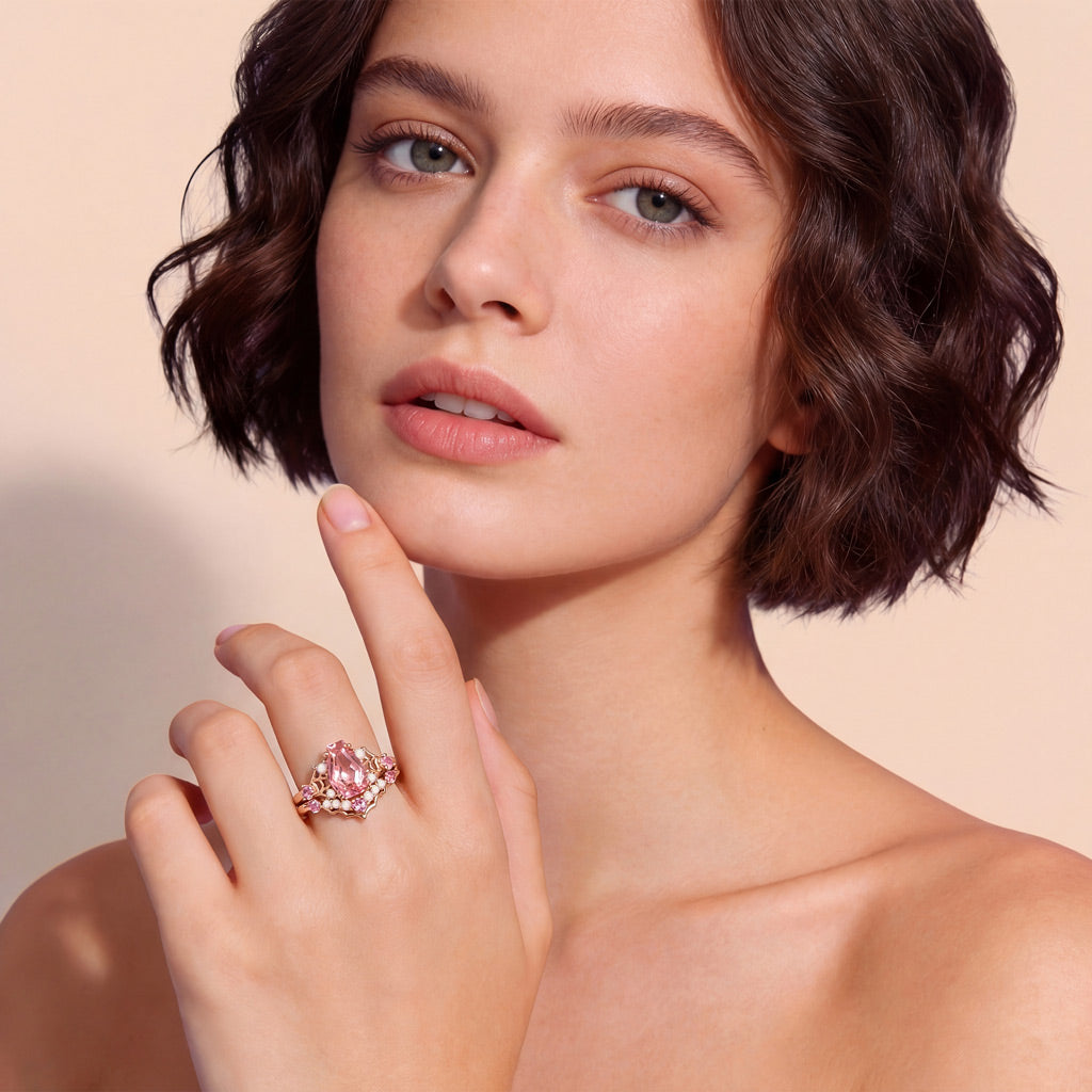 Gnoce Gothic Spider Web Coffin Pink Engagement Ring Set_3