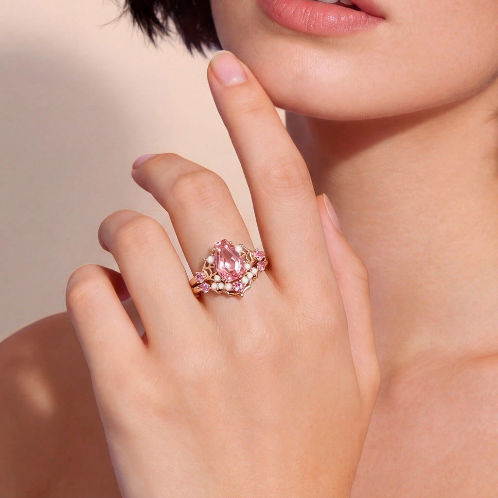 Gnoce Gothic Spider Web Coffin Pink Engagement Ring Set_2