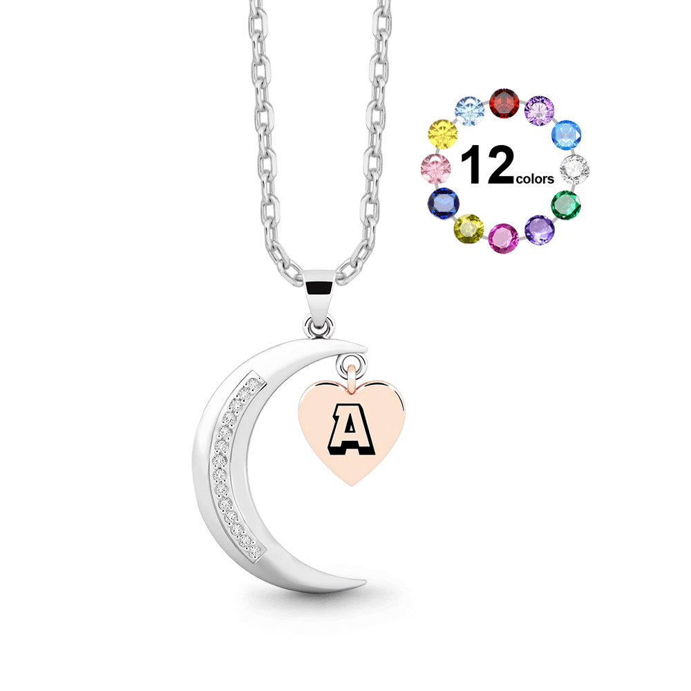 Gnoce Custom Birthstone Moon Necklace with Heart Letter Pendant_1