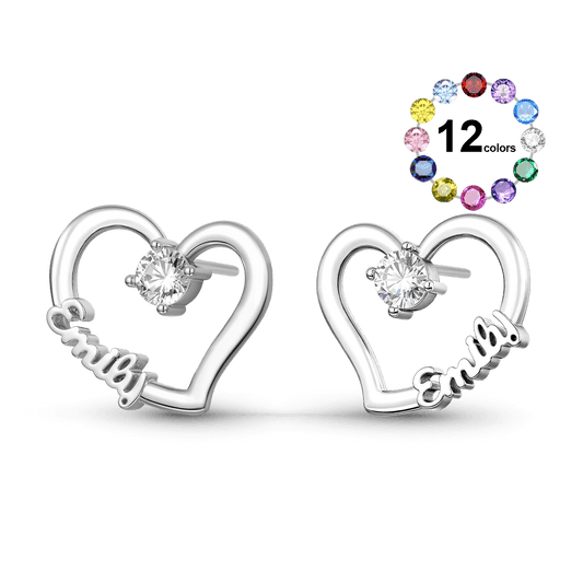 Gnoce Personalized Heart Name Earrings with Custom Birthstone_1