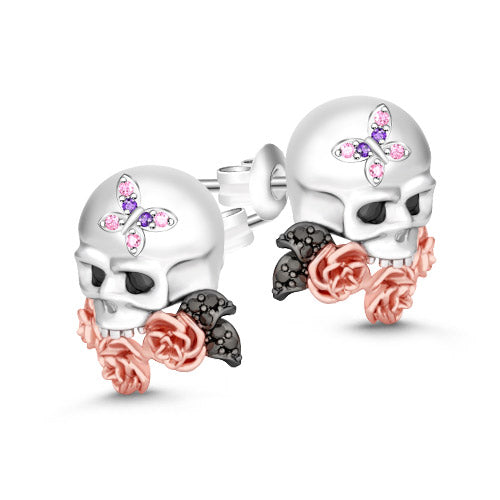 Gnoce "Love You As Long As I Have Breath" 925 sterling silver Skull with Rose Gold Rose in His Mouth Bead Charm_2