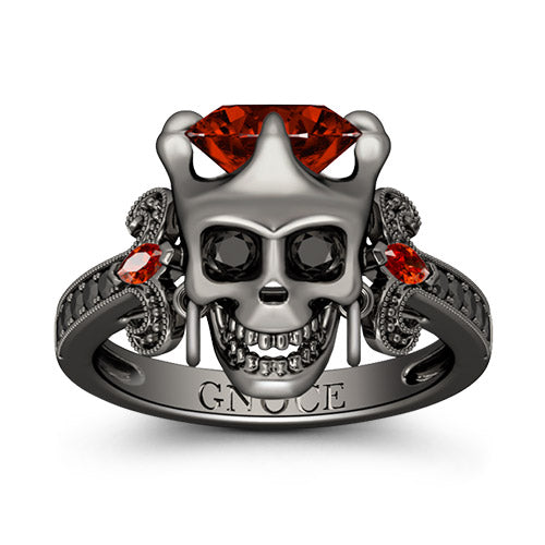 Gnoce "Halloween Gift" Black Plated Skull Garnet Stones 925 Sterling Silver Ring_1