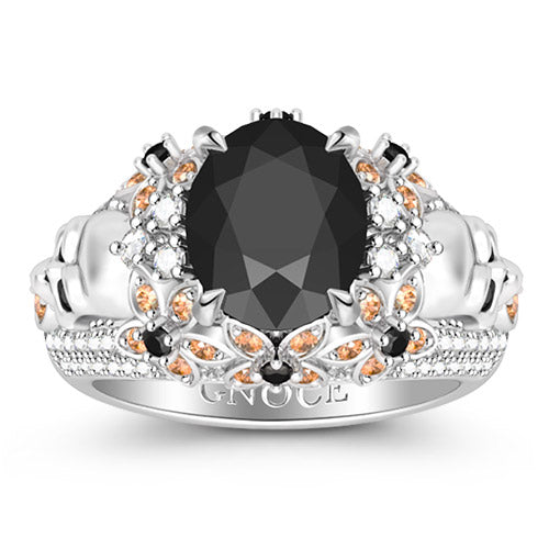 Gnoce "My Queen" Black Stone with Multicolor Flowers and white Stones Around in 925 Sterling Silver Ring_1