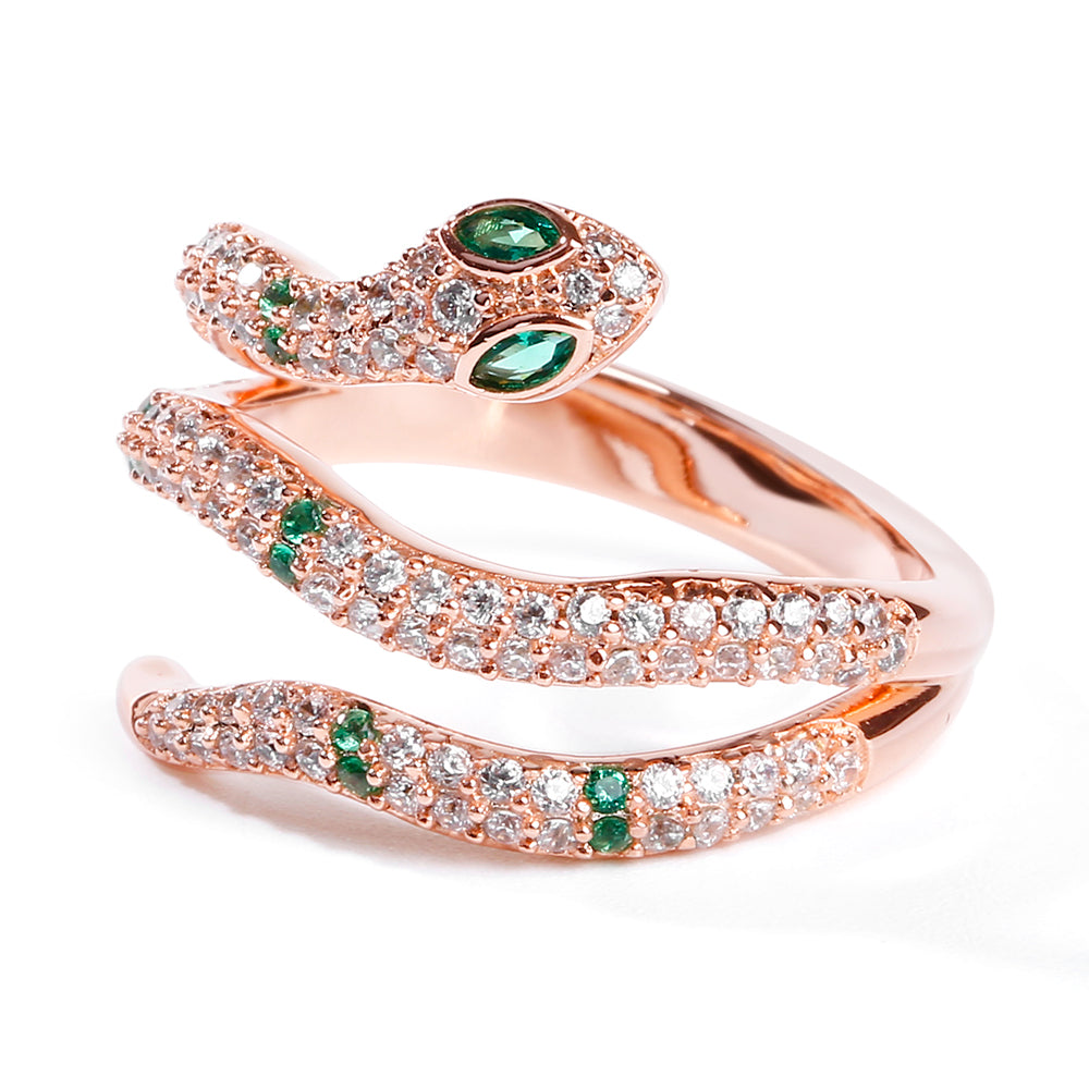 Gnoce "Creative life Force" 18K Rose Gold S925 Sterling Silver Green Snake Ring with Clear CZ Stones_1