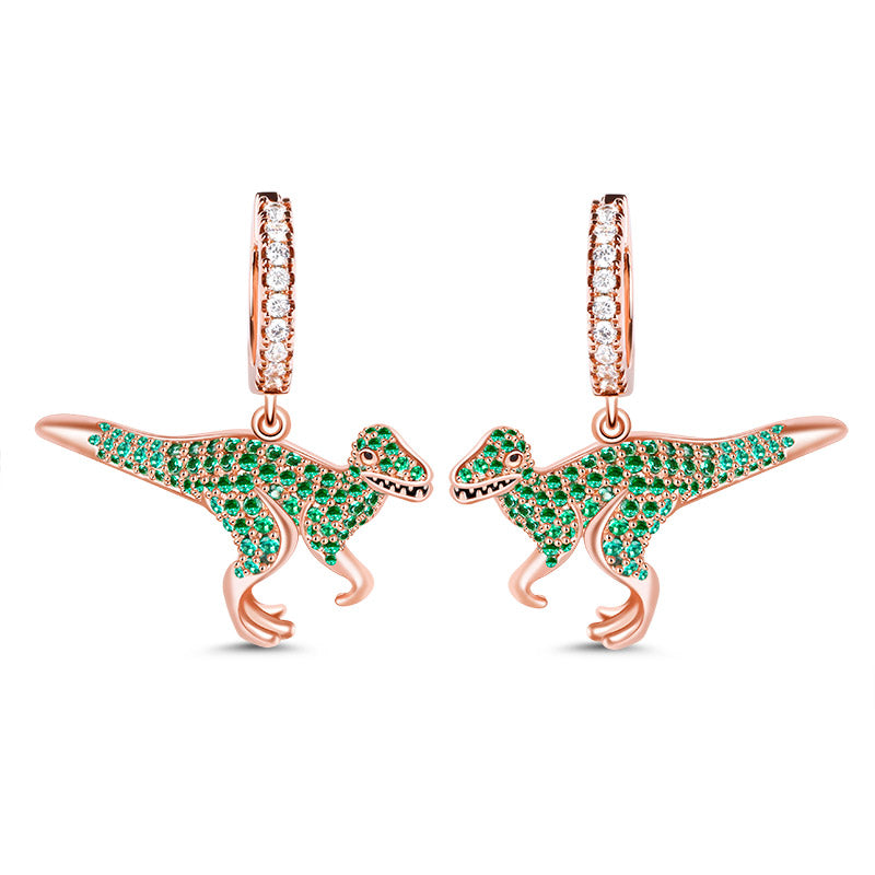Gnoce "Prehistoric Glamour" S925 Sterling Silver 18k Rose Gold Plated Dinosaur Earrings with Grenn CZ Stones_1