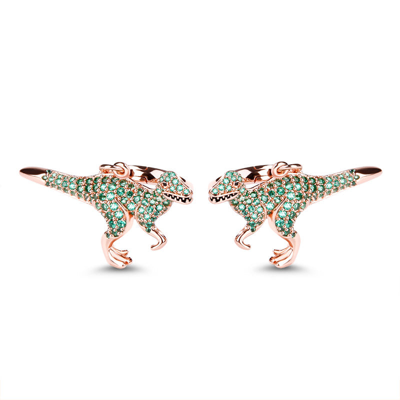 Gnoce "Prehistoric Glamour" S925 Sterling Silver 18k Rose Gold Plated Dinosaur Earrings with Grenn CZ Stones_2