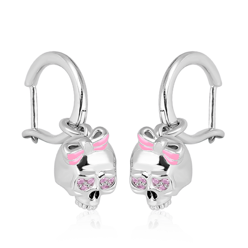 Gnoce "Pink Lady" Skull with Bow-Knot Drop Earrrings Sterling Silver_2