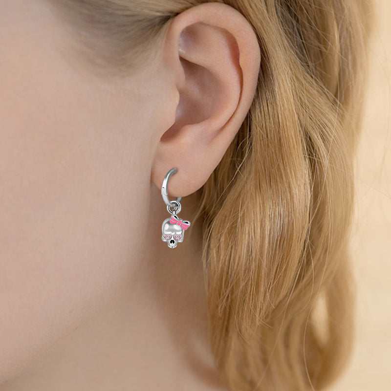 Gnoce "Pink Lady" Skull with Bow-Knot Drop Earrrings Sterling Silver_3