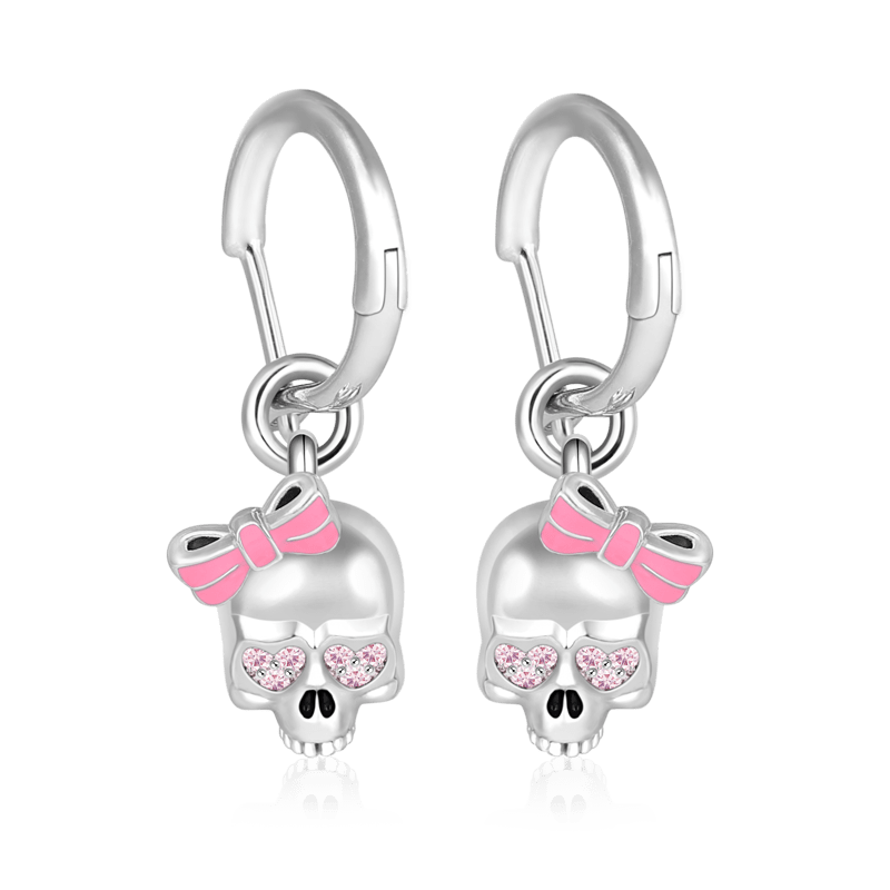Gnoce "Pink Lady" Skull with Bow-Knot Drop Earrrings Sterling Silver_1