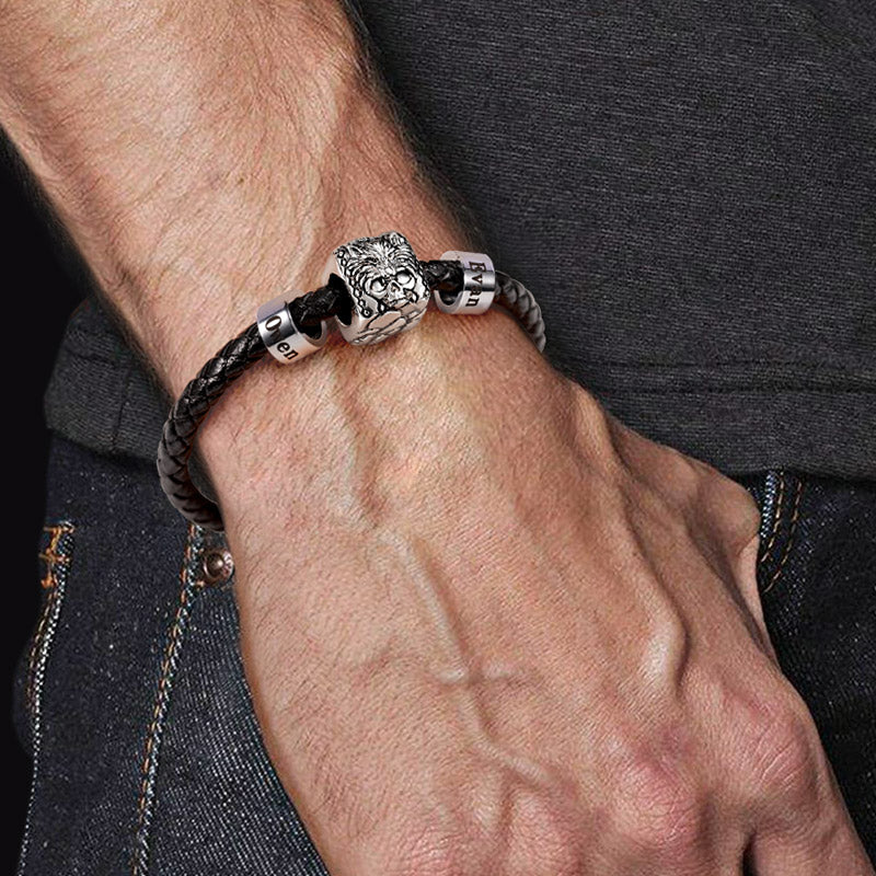 Wolf Skull Vintage Bead & Customized Classic Beads S925 Sterling Silver with Gift Copper Black Leather Men's Bracelet Jewelry for Men_5
