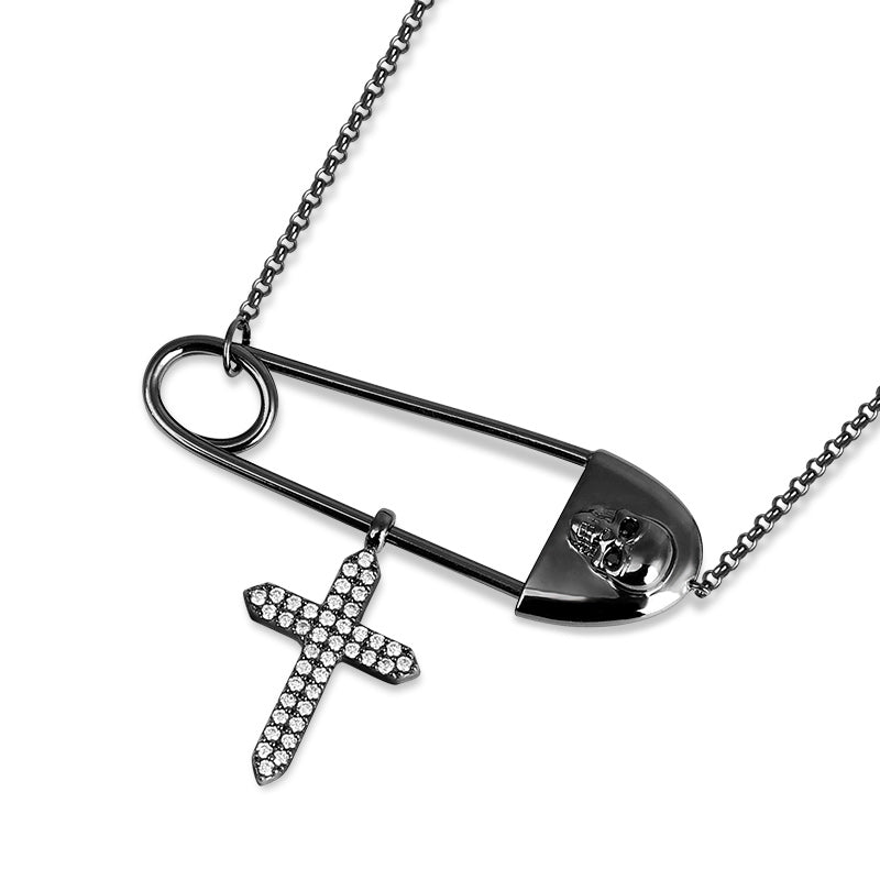 Skull Paperclip Bracelet with Crystal Zircons Cross Sterling Silver_2