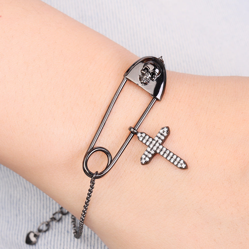 Skull Paperclip Bracelet with Crystal Zircons Cross Sterling Silver_3