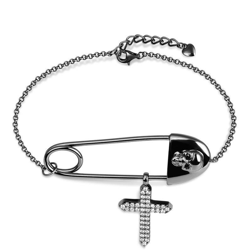 Skull Paperclip Bracelet with Crystal Zircons Cross Sterling Silver_1