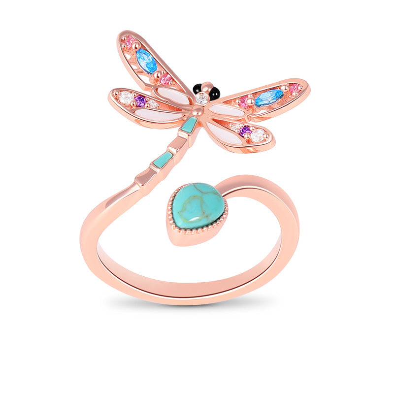 Turquoise Dragonfly Adjustable Ring Rose Gold Plated_1