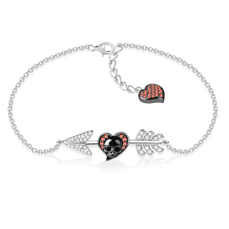 Gnoce "First Meet You" Skull with Arrow Sterling Silver Bracelet/Anklet inlaid with CZ Stones_2