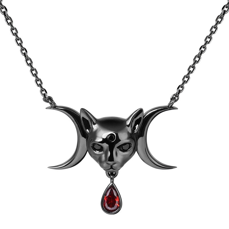 Black Sphynx Cat Necklace with Red CZ Stone Sterling Silver Cross Chain_1