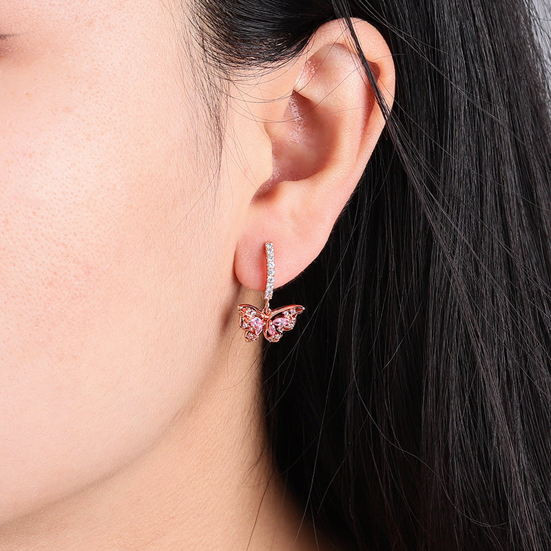Butterfly Dangle Hoop Earrings 18k Rose Gold Plated 925 Sterling Silver Openwork_3