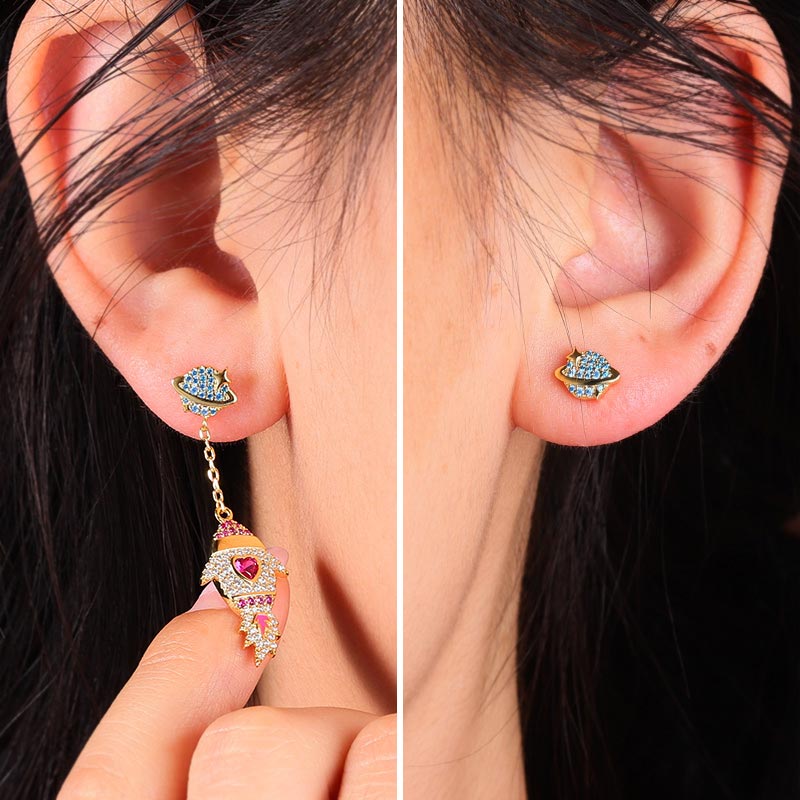 Asymmetric Rocket Dangle Earrings Sterling Silver 18k Gold Plated_3