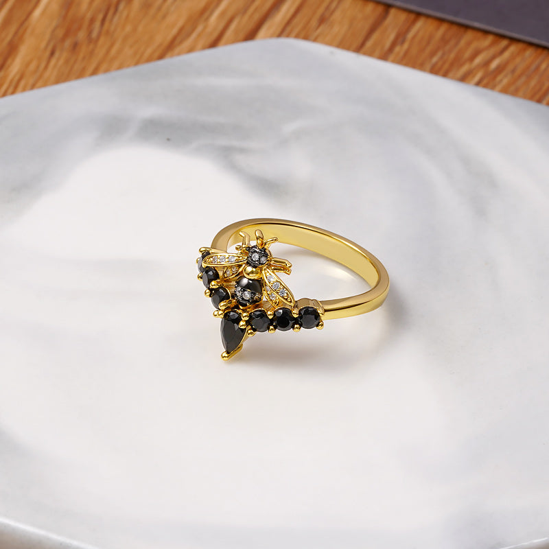 Bee V Ring Sterling Silver 18K Gold Plated inlaid with Black Stones_2