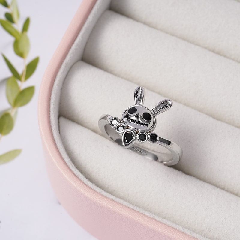 Punk Bunny V Ring Sterling Silver inlaid with Black Stones_2