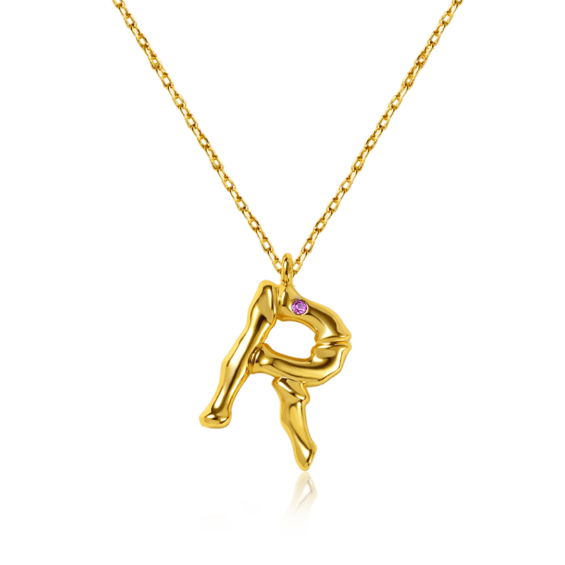 Letter R Pendant Bamboo Initial Necklace Adjustable Chain Length 18k Gold Plated 925 Sterling Silver_1