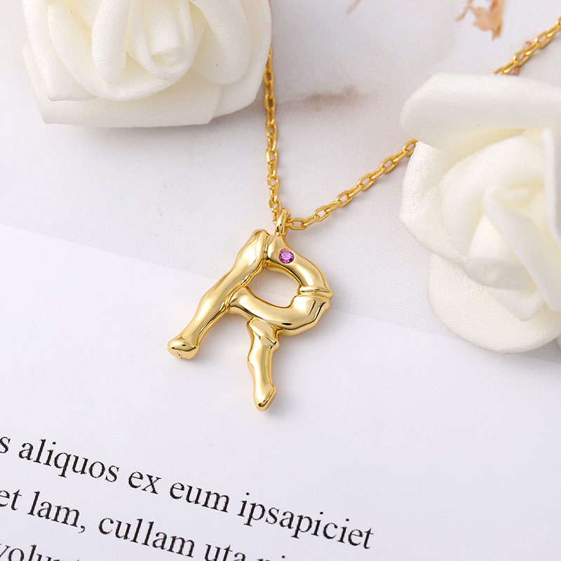 Letter R Pendant Bamboo Initial Necklace Adjustable Chain Length 18k Gold Plated 925 Sterling Silver_3