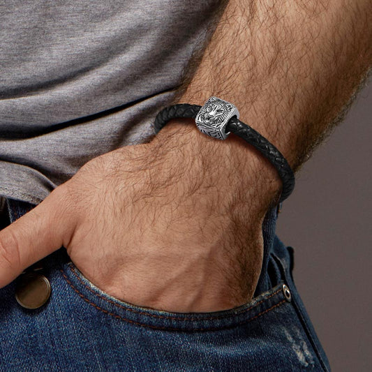 Tiger Men's Vintage Bead S925 Sterling Silver with Gift Copper Black Leather Men's Bracelet Jewelry for Men_5