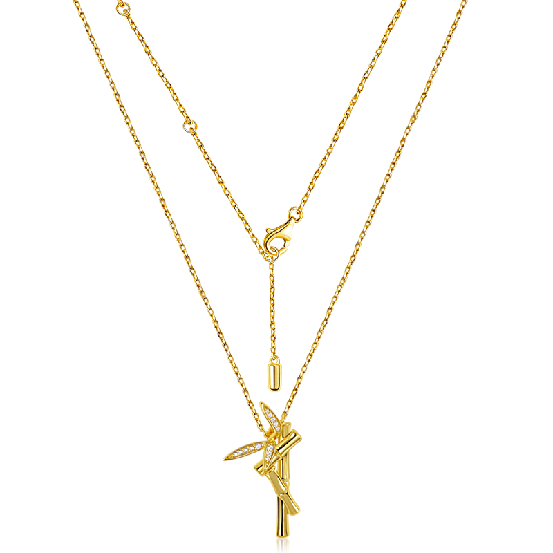 Bamboo Necklace Sterling Silver 18k Gold Plated with Stones_2
