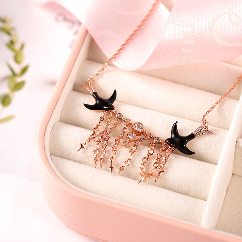 Swallows in the Starry Sky Necklace Sterling Silver 18k Rose Gold Plated Paved with Stones_3
