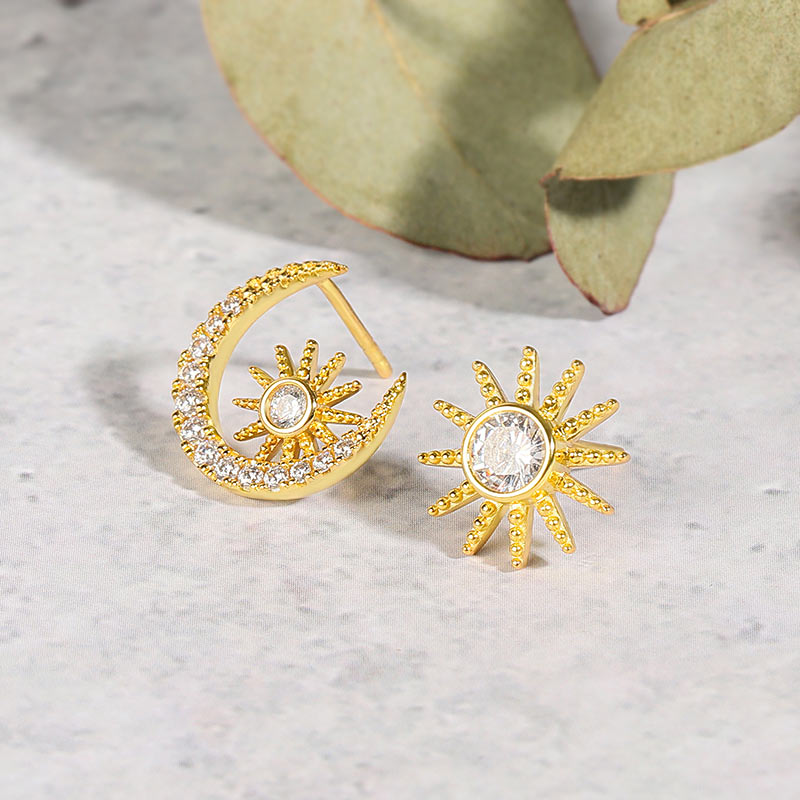 Asymmetry Star Moon Stud Earrings 18k Gold Plated S925 Silver_2