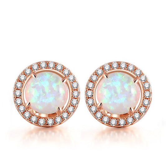 Round Stud Earrings with Opal Zircon Stone Rose Gold Plated Brass_1