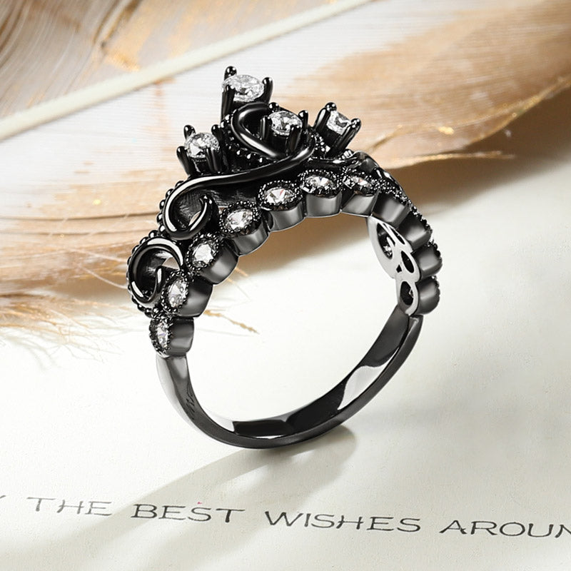 Women's Ring Princess Tiara Crown Ring Sterling Silver Black Plated_2