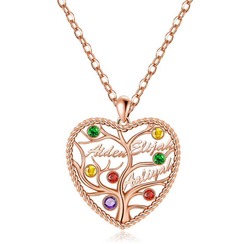 Custom Heart Tree of Life Three Names Necklace Sterling silver inlaid with Colorful Stone_3