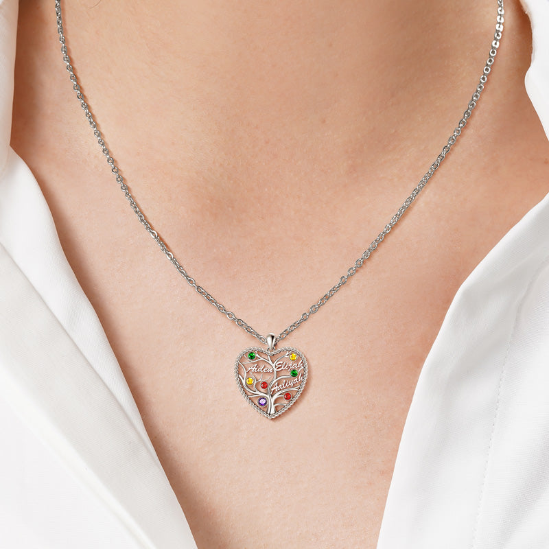 Custom Heart Tree of Life Three Names Necklace Sterling silver inlaid with Colorful Stone_4